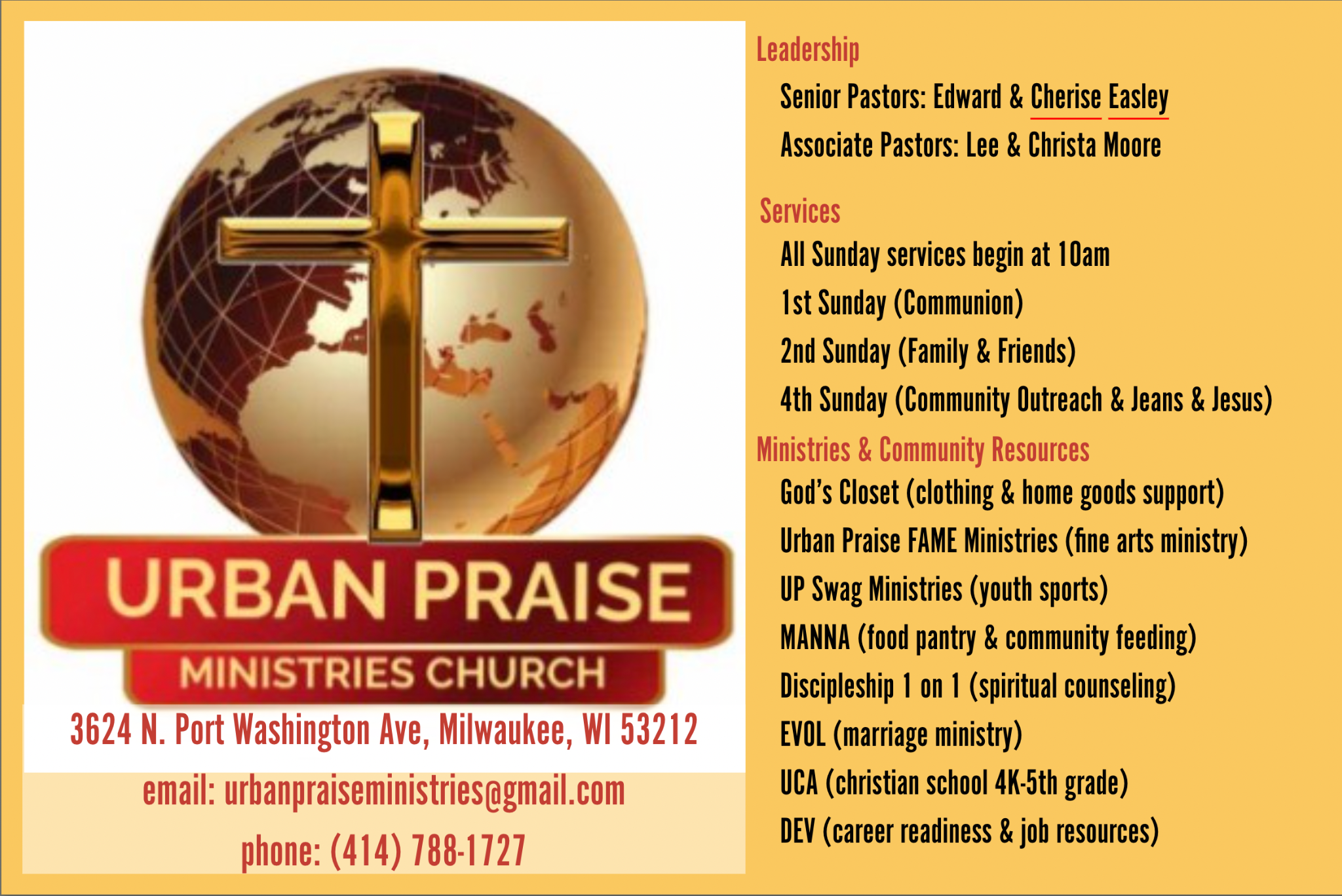 Urban Praise Ministries Church flyer with leadership, service, ministry, and community resource information